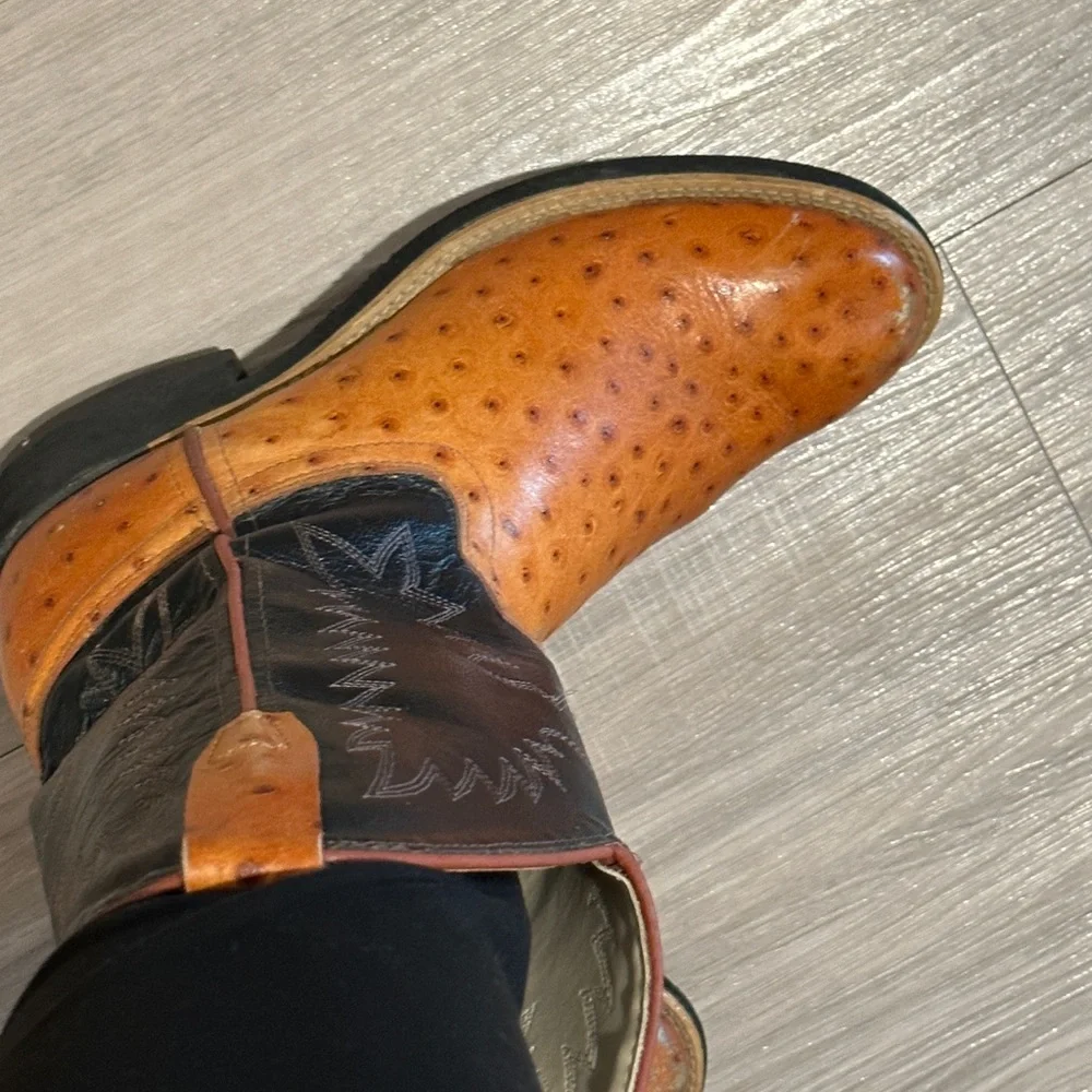 Vintage Old West Ostrich Embossed Leather Black British Tan Unisex Cowboy Boots